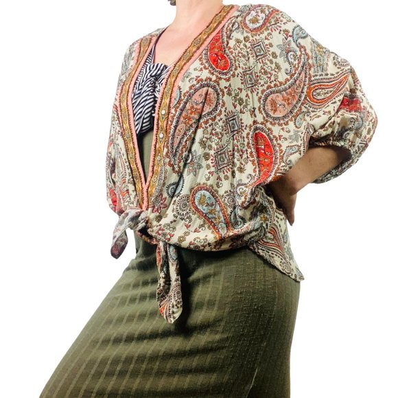 Boho Paisley Print Front Tie Beach Cover Up Top - Picture 2 of 12